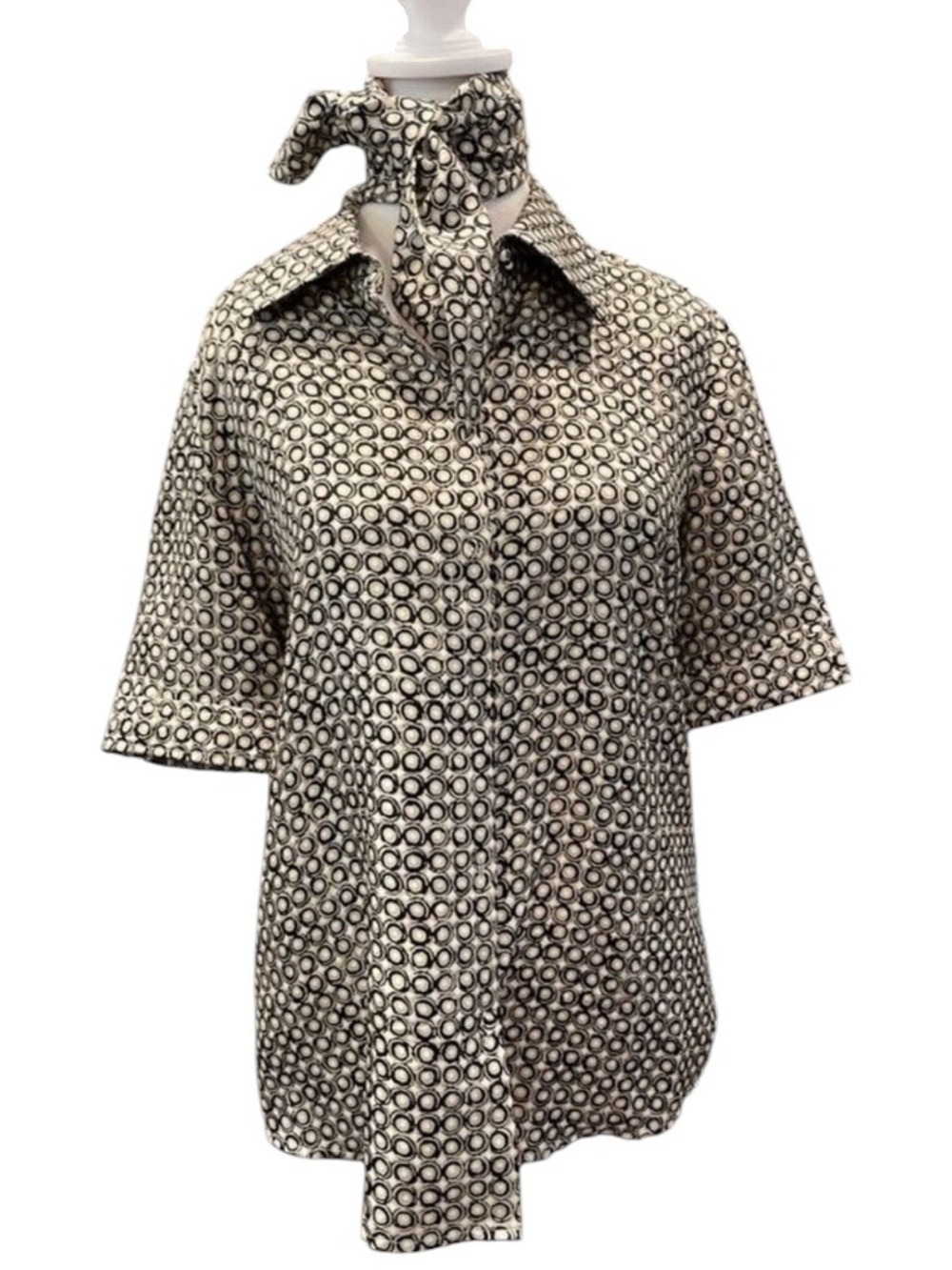 Dana Buchman Size 6 Tan Brownish black Silk Short Sleeve Tie Neck Blouse